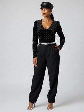 H&M Studded Velour Bodysuit | Long Puff Sleeve V-Neck | Black Size Medium